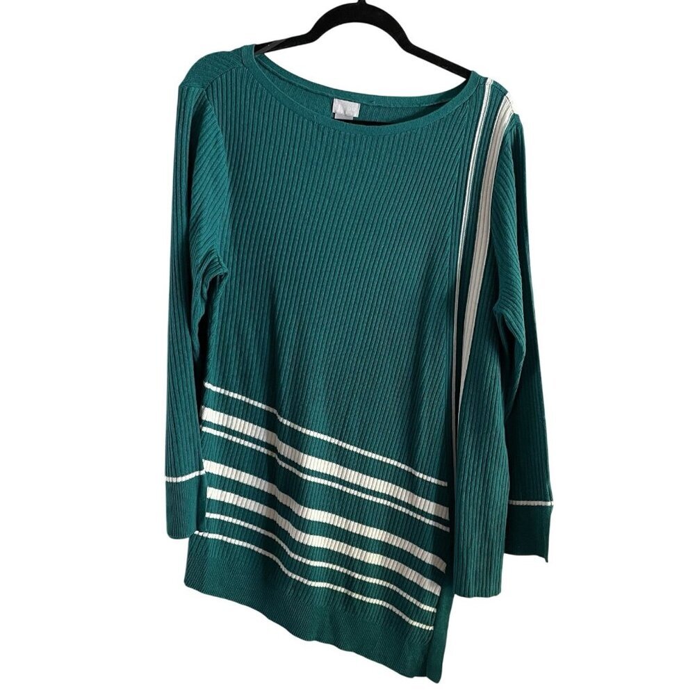 Chicos Sz 2 US L Bright Jade Coastal Asymmetrical Hem Striped Tunic Sweater - Picture 4 of 12